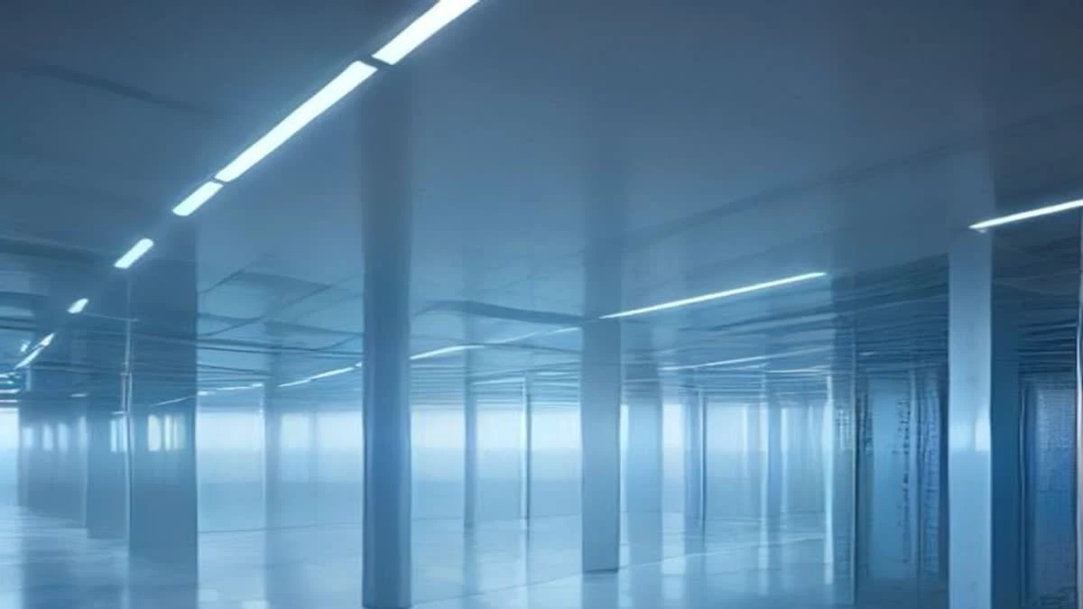 Modern data centre aisle lined with white server racks and small blue indicator lights